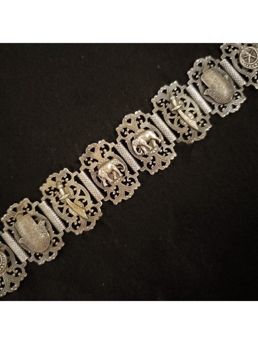 Vintage Hamsa Bracelet Star Moon Elephant Sword Middle Eastern Symbols 7.5"